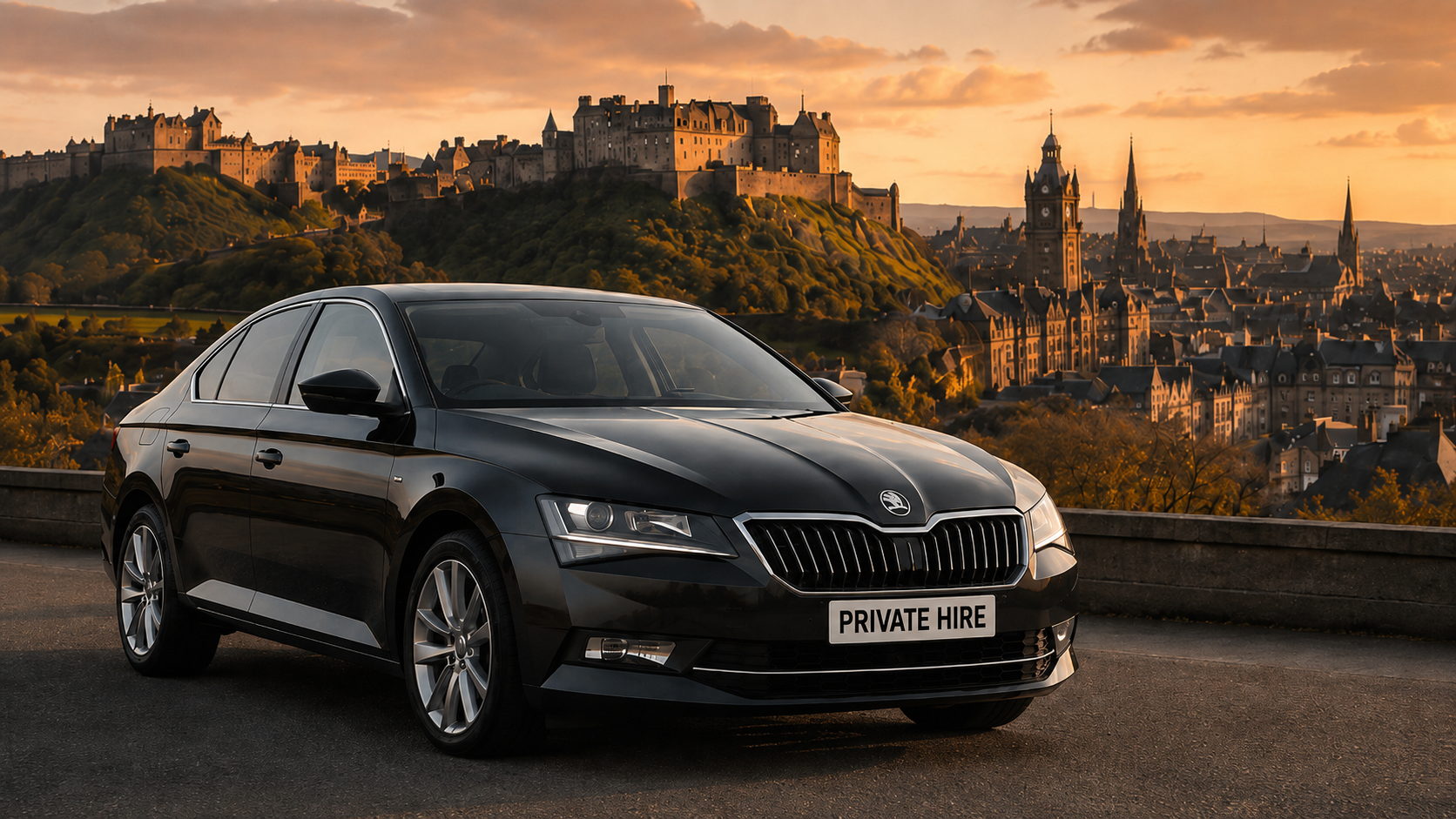 Black Škoda Superb saloon parked with Edinburgh Castle behind it